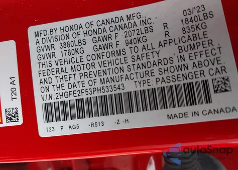 2023 Honda Civic Sport from USA, damaged, VIN 2HGFE2F53PH533543